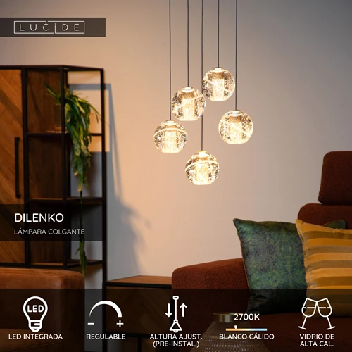 Lucide DILENKO - Lámpara colgante - Ø 31 cm - LED Regul. - 5x3,5W 2700K - Oro mate / Latón - USP